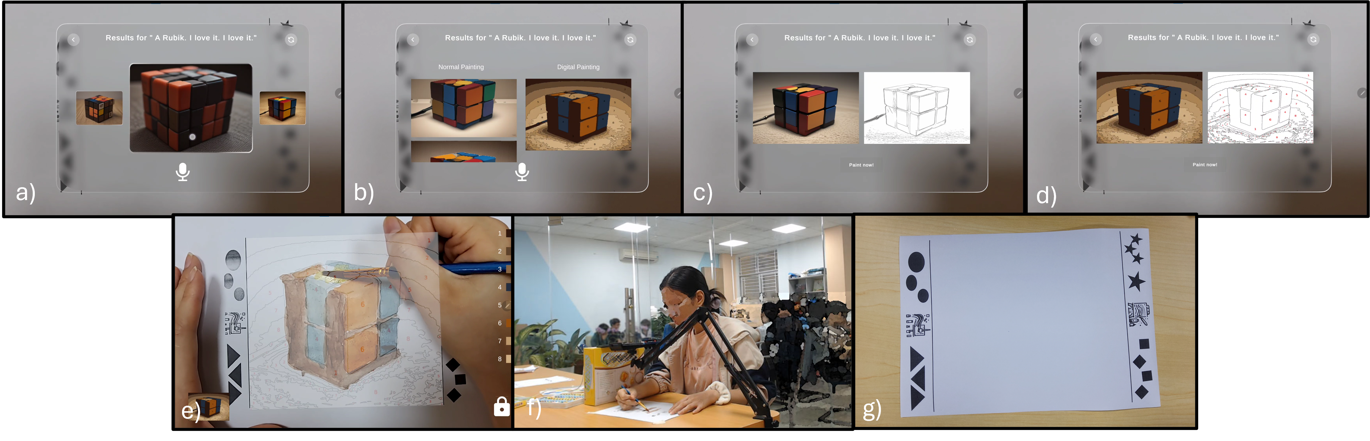 ARtVista interface showing image suggestions, painting and sketch choices, augmented-reality drawing, physical setup, and tracked drawing paper